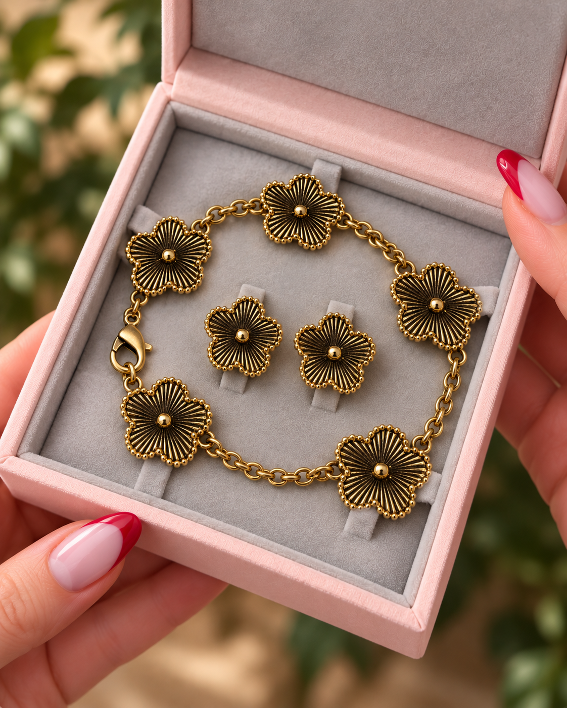 Antique Gold-Tone Flower Bracelet & Stud Earring Set طقم سوار وأقراط زهرية بلون ذهبي معتّق