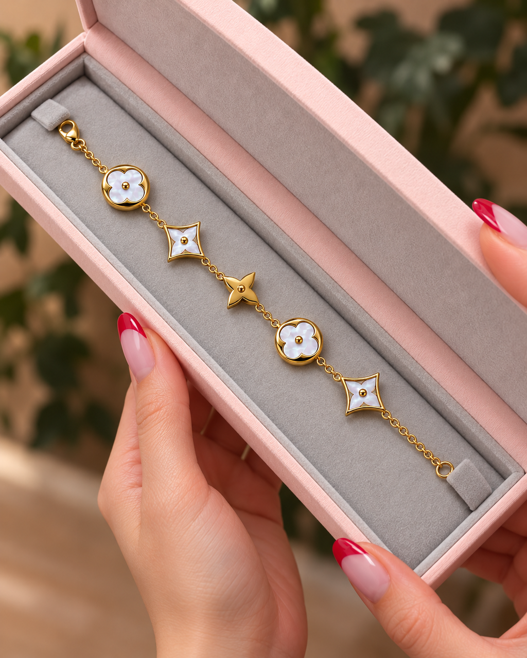 Gold-Tone Bracelet with Pearly White Floral Motifs سوار بلون ذهبي بزخارف زهرية بيضاء لؤلؤية